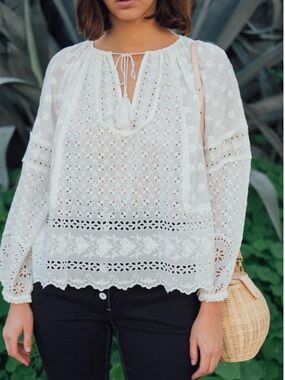 Single Thread Boho White Eyelet Tie-Neck Blouse - Women's Top Size Medium